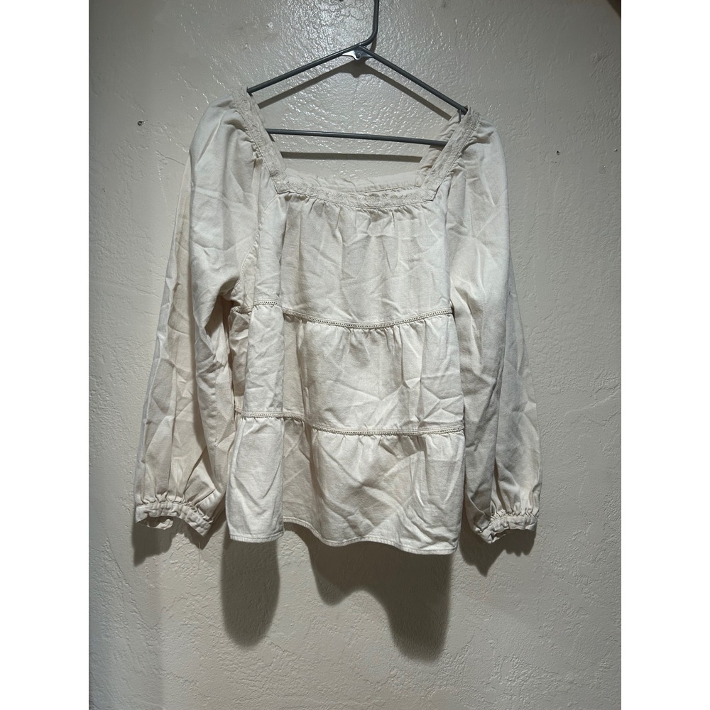 Old Navy Womens Large Cream Tiered Boho  Blouse Square Neck Balloon‎ Sleeve